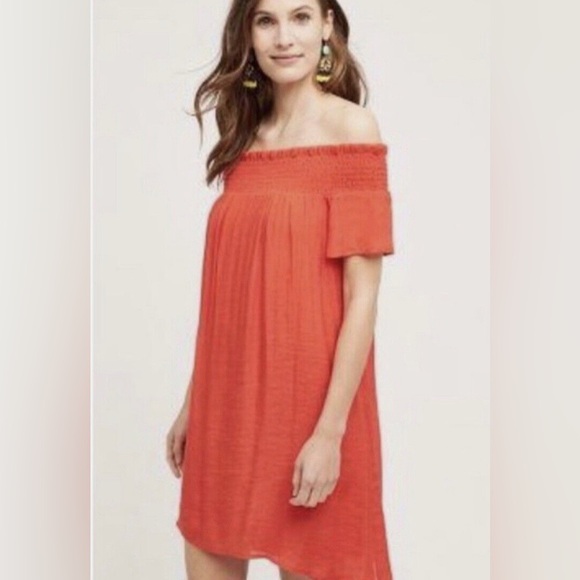 Amadi Anthropologie Maella Off-The-Shoulder Gauze Dress Coral 100% Cotton - Picture 2 of 11